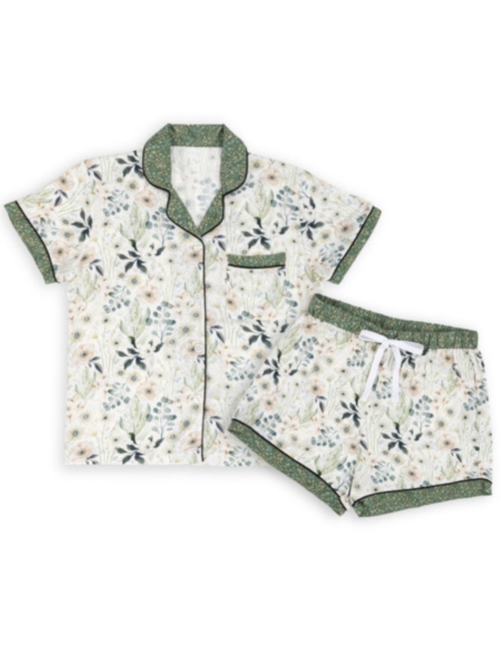 Demdaco Cream Floral Short Pajama Set with Green Trim* Like New!!!